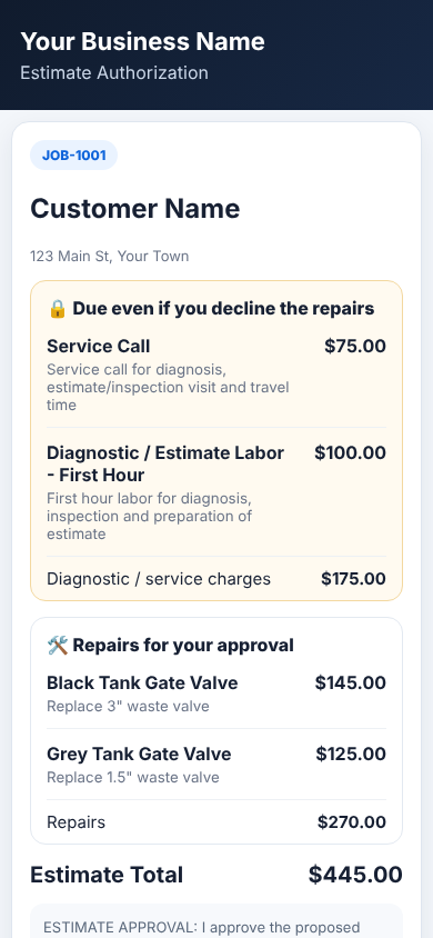 Customer approval page splitting diagnostic charges from repairs